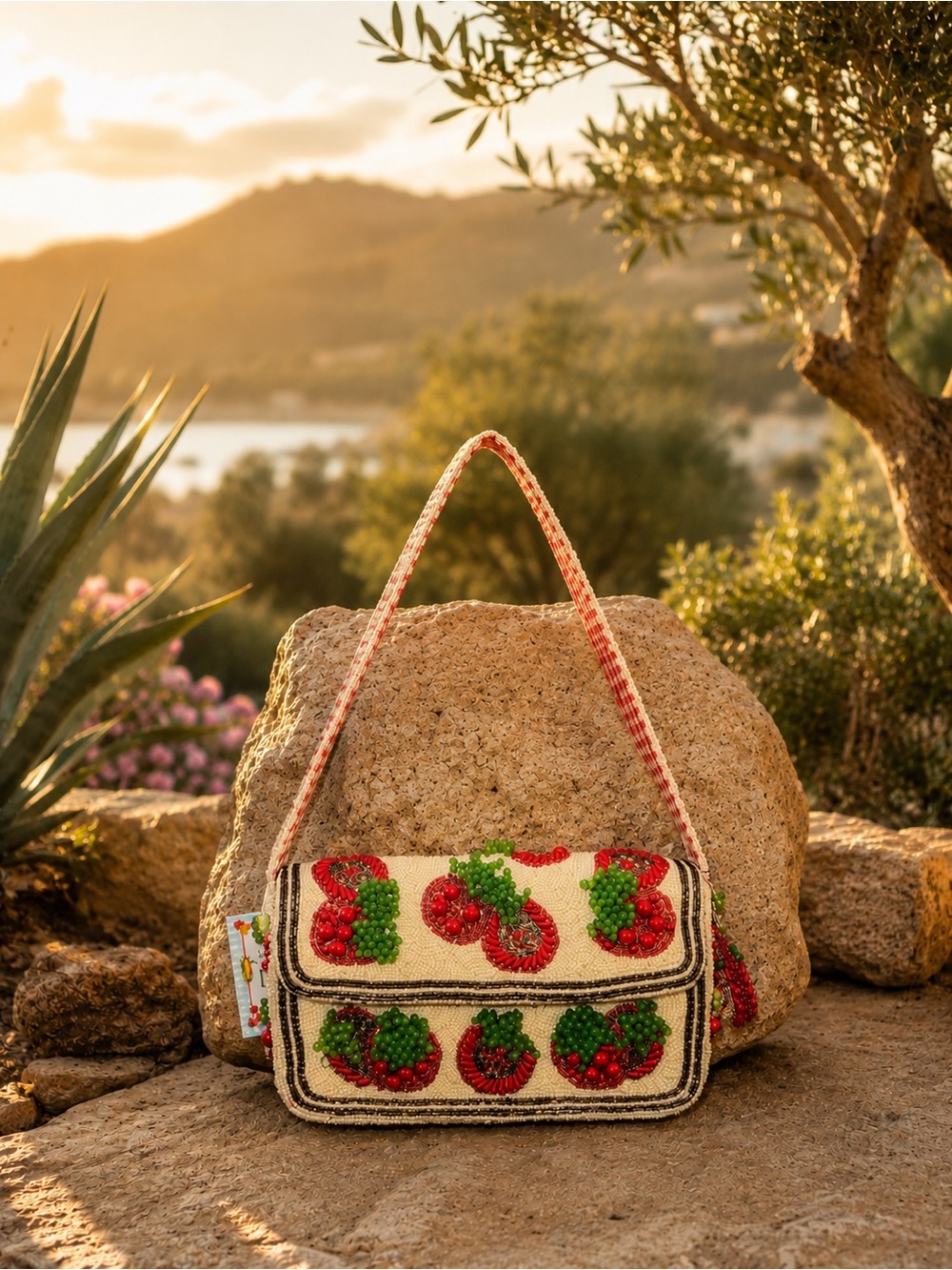 Beaded tomato Shoulder Bag - White/Red/Green